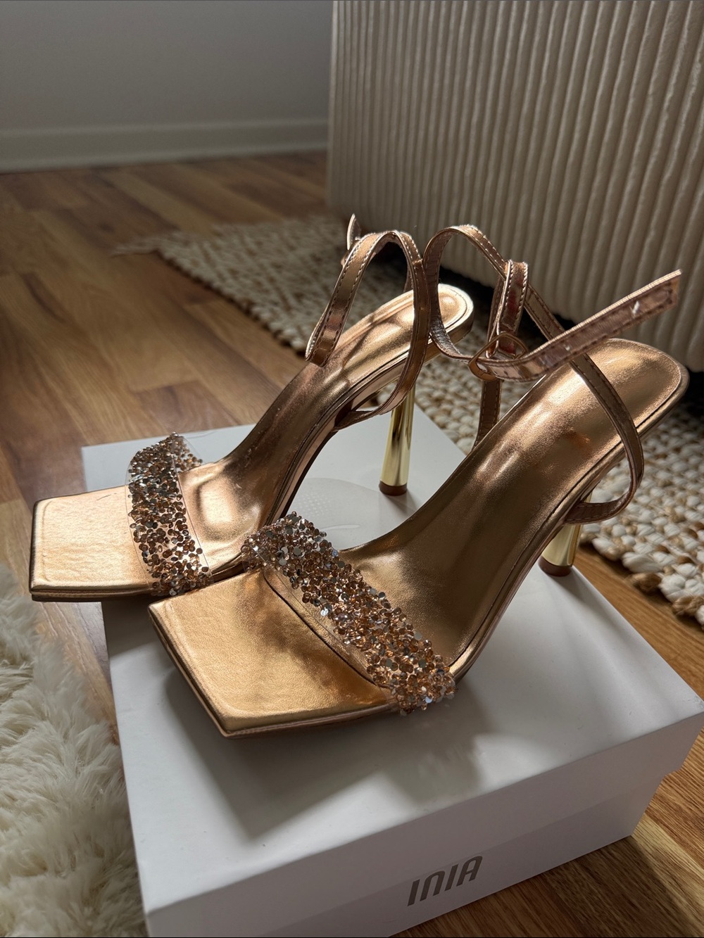 Metallic Rose Gold Crystal Strap Heeled Sandals